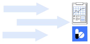 Mavi oklar panoya çizelge ve raporla işaret ediyor, bir hap ikonunun yanında. Sağlık, araştırma, analitik, klinik çalışmalar, ilerleme takibi, tıbbi yenilik, basit düz metafor