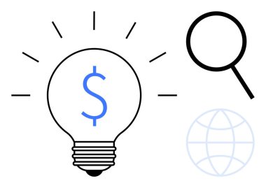 Dolar işaretli ampul, büyüteç ve dünya çizgisi. Yenilik, finans, fikirler, küresel iş, araştırma minimalist kavramlar için idealdir. Temiz, düz metafor