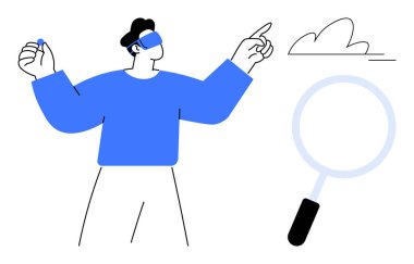 Bir nesneyi tutarken mavi odaklanan, büyüteçle kontrol eden, arama, araştırma, keşif, problem çözme, analiz, araştırma, bilgi keşfi