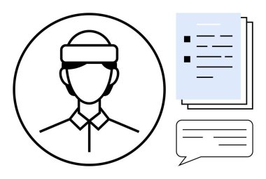 Kulaklık, görev kontrol listesi ve destek, iletişim, görevler ve işbirliğini gösteren bir sohbet baloncuğu olan bir kişinin taslağı. Müşteri hizmetleri, uzaktan çalışma, takım çalışması organizasyonu için ideal