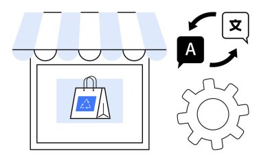 Vitrinde geri dönüşüm amblemi olan alışveriş torbası çeviri konuşma baloncukları, kişiselleştirme için vites simgesi. Sürdürülebilirlik, e-ticaret, lokalizasyon, küresel sosyal yardım için ideal