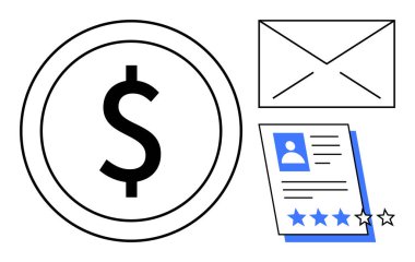 Çemberde dolar işareti, zarf simgesi, kullanıcı simgesi ve yıldızlı profil kartı. Finans, iletişim, işe alım, geri bildirim, istihdam e-postası ve değerlendirme temaları için idealdir. Basit düz metafor