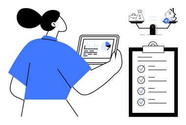 Finans konsepti. Verimli para yönetimi ve karar verme için finansal araçlar. Veri analizi, kontrol listesi öncelikleri ve mali denge ile finans planlaması. Bütçe ve muhasebe için.