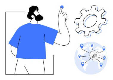 Sanal elementlerle, çark taşıma süreciyle, küresel erişimi simgeleyen konumlarla etkileşim halindedir. Teknoloji, küresel iş, ağ, yenilik, takım çalışması için ideal