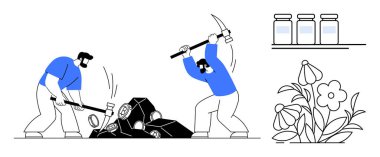 İki işçi aletlerle taş kırıyor, kavanozlar düzgünce bir rafa dizilmiş, canlı çiçekler büyümeyi temsil ediyor. Çalışma, kaynak kullanımı, üretkenlik, koruma, doğa, sürdürülebilirlik için ideal