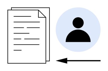 Belge taşıma konsepti. İllülasyon veri transferini gösteren ok ile bağlanmış belge ve kullanıcı profili simgesini gösterir. Belge transferi dijital anlaşmalar, paylaşım, iletişim, veri için kritik