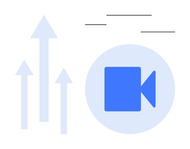 Yukarı doğru giden okların yanındaki mavi kamera simgesi başarıyı, büyümeyi ya da ilerlemeyi simgeliyor. Video pazarlama, medya, yenilik, iletişim, yaratıcılık analitik eğitimi için idealdir. Basit düz metafor