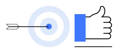 Başarı konsepti. Tam isabet, ok ve başparmak yukarı başarı ve gol başarısı. İş hayatında başarı, motivasyon, verimlilik, kariyer büyümesi ve performans artışı