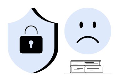 Veri güvenliği kavramı. Güvenli bilgi sistemlerini ifade eden bir kalkan ve kilit ile korunma sembolü. Üzgün bir yüz, kitap, duygusal stres ve bilgi içeriyor. Uygun.