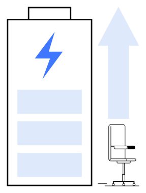Yıldırım sembollü büyük bir pil ve ofis sandalyesinin yanındaki yukarı doğru ok. Basit bir düz metaforda üretkenlik, motivasyon, enerji, başarı, işyeri verimliliği, büyüme ve hedefler için idealdir.