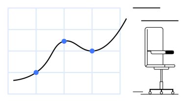 Veri noktalarıyla yükselen çizgi grafiği, minimalist bir ofis sandalyesinin yanında performans ve büyümeyi temsil ediyor. Ticari büyüme, üretkenlik, analiz, işyeri, kariyer ilerlemesi, strateji için ideal