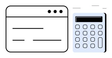 Arayüz penceresi ve hesap makinesi finansal planlama, bütçe yönetimi ve muhasebe araçlarını temsil etmektedir. İş, finans, analitik, hesaplama, veri örgütü, eğitim teknolojisi için ideal