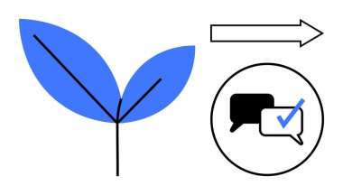 Dallanma çizgileri olan mavi yaprak, ileri ok ve işaretli daire içinde mesaj baloncukları. Büyüme, ilerleme, iletişim, onay, sürdürülebilirlik, yenilik takım çalışması için ideal