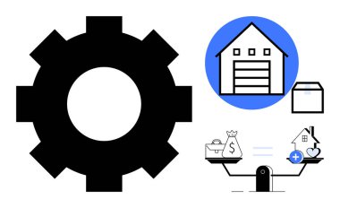 Lojistik konsept. Lojistik ekipman, depo ve kutu simgeleriyle vurgulandı. Finansal yönetim için denge terazisine bağlı lojistik. Tedarik zinciri, e-ticaret, dağıtım, finans için
