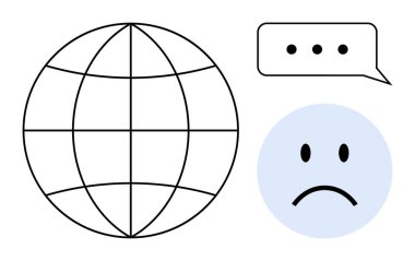 Küresel iletişim sorunları. Üzgün yüz iletişim ve diyalog için mücadele ediyor. Konuşma balonu iletişim sorunlarını vurgular. Teknoloji, sosyal medya, küreselleşme ve eğitim için kullanışlı