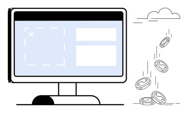 Masaüstü monitörü düşen paralarla dijital işlem arayüzü gösteriyor. E-ticaret, fintech, çevrimiçi alışveriş, dijital ekonomi, ödeme sistemleri, zenginlik yönetimi, basit daire