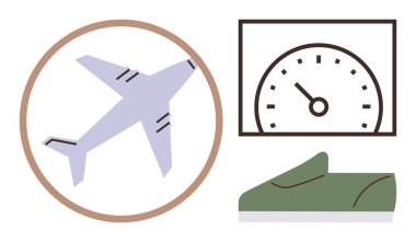 Dairesel çerçeveli uçak, hız göstergesi ve koşu ayakkabısı. Seyahat, hız, verimlilik, ulaşım, hareketli atletizm sürdürülebilirlik temaları için ideal. Temiz, düz metafor