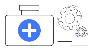 Mavi haç sembollü tıbbi kutu, mekanik dişlilerin yanı sıra, yeniliği, sağlık teknolojisini, süreç optimizasyonunu, tıp endüstrisi çözümlerini, takım çalışmasını, sistem bakımını sembolize ediyor.