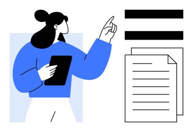 Mavi tabletli kadın, belgelere ve çizgilere işaret ediyor. Eğitim, planlama, strateji, organizasyon, üretkenlik, analiz iş akışları için idealdir. Basit düz metafor