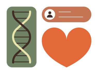 DNA çift sarmal, kullanıcı profili penceresi ve kalbi sembolize eden genetik, sağlık, kimlik, bilim, teknoloji sağlık ve ilişkiler. Veri refahı ve biyoenformatik için ideal. Basit düz