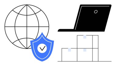 Dünya çizgisi, dizüstü bilgisayar, işaretli kalkan ve depo yığını siber güvenliği vurguluyor, küresel iş, lojistik, dijital sistemler, veri koruması e-ticaret ve problem çözme. Basit düz