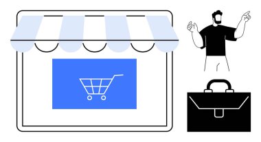 Vitrinde tente ve alışveriş arabası ikonu, kendine güvenen iş adamı ve evrak çantası var. E-ticaret, girişimcilik, dijital pazarlama, çevrimiçi mağazalar, küçük işletmeler, markalaşma için ideal