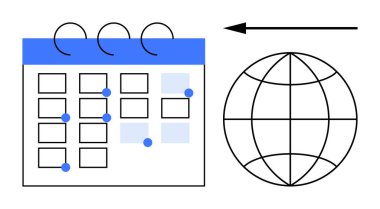Olay planlama konsepti. Mavi ve beyaz takvimin küresel odaklı etkinlik planlaması. Dünya çapında lojistik, yönetim ve işbirliği için planlama vurgulandı. Planlama için kullan, zaman çizelgesi