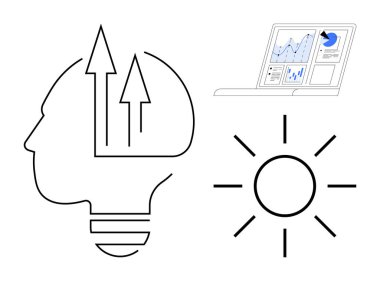 Okları olan insan kafası büyümeyi ve yeniliği simgeler, güneş aydınlanmayı ve enerjiyi temsil eder, dizüstü bilgisayar veriye dayalı kararları yansıtır. İş büyümesi, eğitim, yaratıcılık ve teknoloji için ideal