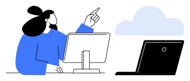 Masaüstü kullanan bir kadın, dizüstü bilgisayarın yanındaki bulut sembolünü işaret ediyor. Bulut hesaplama, uzak çalışma, çevrimiçi depolama, iletişim, teknoloji, takım çalışması için ideal basit düz metafor