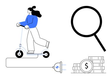 Elektrikli scooter kullanan bir kadın kablo, büyüteç ve yığınla bozuk para kullanıyor. Çevre taşımacılığı, sürdürülebilir enerji, maliyet analizi, finans, yenilik, hareketlilik, basit düz