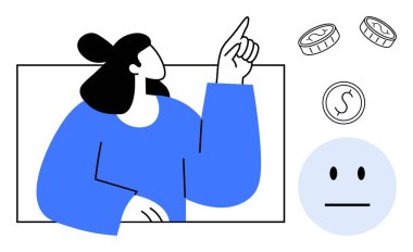 Kadın parmak kaldırıyor, madeni paralar havada uçuşuyor, tarafsız bir yüz duyguyu çağrıştırıyor. Finans, ekonomi, karar verme, duygusal içgörü, iş, analiz için ideal basit düz metafor