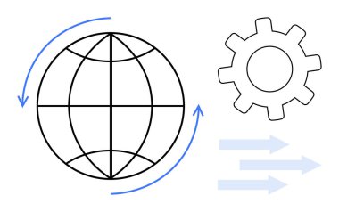 Küre oklarla çevrili, teknolojiyi ya da sistemleri temsil eden teçhizat, ve akışı gösteren ileri oklar. İş akışı, otomasyon, küresel iletişim, verimlilik, ilerleme ve yenilik için ideal