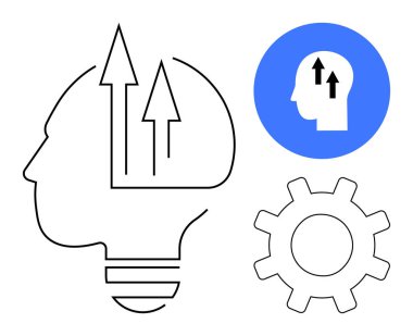 Yenilik kavramı. Kafa ve ok büyümesi ile vurgulanan bir icat, bir dişli ikonu ile eşleştirildi. Yenilik, fikirleri üretkenlik ve sorun çözmeyle bağdaştırır. İş için, teknoloji.