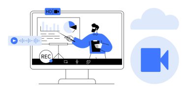Uzaktan çalışmanın altını çizerek kayıt ve oynatma kontrolleriyle analitik sunan bir adam. Çevrimiçi öğrenme, web yayıncılığı, iş toplantıları, medya paylaşımı, bulut depolama için ideal