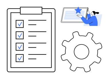 Görev listesi, verimlilik teçhizatı ve yıldız rozeti ile tablette öğrenen kişi. Üretim, planlama, hedef belirleme, proje yönetimi, takım çalışması, eğitim kişisel gelişimi için ideal