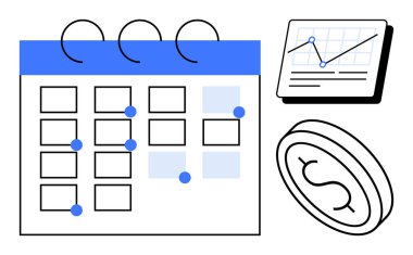 Vurgulanan tarihler, finansal büyüme grafiği ve finansal planlamayı temsil eden dolar paralarıyla takvim şebekesi. Program, yönetim, strateji, bütçe, yatırım, analiz için ideal