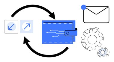 E- posta, dişli dişliler ve yön simgelerine bağlı mavi dijital cüzdan, dijital ödemeyi, e-posta bildirimlerini, otomasyonu ve sistem entegrasyonunu sembolize ediyor. Fintech için ideal