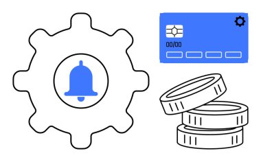 Alarm zili, ödeme kartı ve para destesi ile mali organizasyon, alarm ve işlemleri sembolize ediyor. Fintech, bankacılık, finans, bütçe bildirim yönetimi için ideal daire