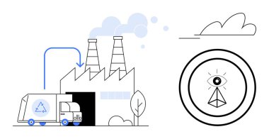 Geri dönüşüm kamyonu bacalardan yükselen dumanla fabrikaya giriyor. Yakınlardaki soyut göz sembolü. Geri dönüşüm, sürdürülebilirlik, kirlilik, çevre bilinci, endüstriyel süreçler, etik için ideal