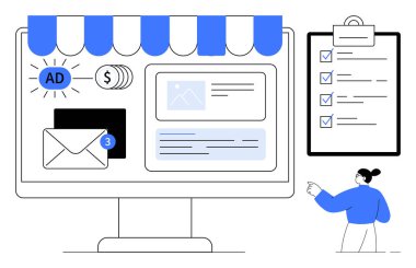 Masaüstü monitörü reklam, e-posta bildirimleri, para simgeleri, web sitesi içeriği ve bir kontrol listesi. Görevleri işaret eden bir kadın. Ecommerce, pazarlama, yönetim reklam organizasyonu için ideal