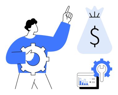 Adam dişli tutarken yukarı doğru işaret ediyor, stratejiyi sembolize ediyor. İçinde para çantası, analitik çizelge ve anahtar var. Finansal büyüme, iş stratejisi, optimizasyon, yatırım planlaması için ideal