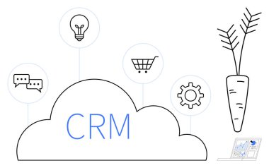 CRM etiketli bulut platformu sohbet, alışveriş, ampul, teçhizat ve havuç için ikonlara bağlanıyor. Teknoloji, ticaret, iletişim, yenilik müşteri yönetimi tarımı için ideal