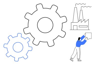 Üretim süreci. Vites üretim iş akışı, endüstriyel işlemler fabrikası ve soyut işçi etkileşimi. Otomasyon, verimlilik ve mühendislik için.