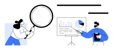 Büyüteçle muayene eden kadın, sunum panosundaki verilere pasta grafiğiyle bakan adam. Takım çalışması, veri analizi, strateji, iş planlaması, işbirliği, eğitim, araştırma için ideal