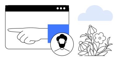 Tarayıcı penceresinin içini gösteren eller aşağıda kullanıcı avatarı, çiçekler ve bir bulut. Teknoloji, kullanıcı arayüzü, iletişim, rehberlik, kişiselleştirme yaratıcılığı çevresel temalar için ideal