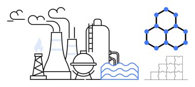 Enerji üretim konsepti. Duman bacaları, boru hatları ve kimyasal yapılara sahip enerji tesisi sanayi süreçlerini ön plana çıkarıyor. Enerji çevresel etkisi ve yenilik odaklı. Sürdürülebilirlik