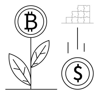 Kripto para birimi konsepti. Bitcoin fabrikası ve finansal ikonlar ile kripto para birimi görüntüleme engelleme sistemleri, dijital ekonomi ve yenilik. Fintech, yatırımlar, kripto para birimi ve dijital için mükemmel