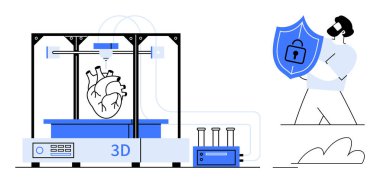 3 boyutlu baskı makinesi, insan kalbi, test tüpleri, kalkanı kilitli tutan kişi. Tıbbi teknoloji, veri güvenliği, yenilik, sağlık hizmetleri, ileri bilim, organ basımı için ideal