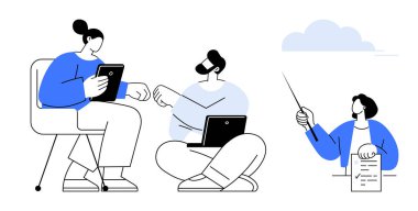 Tabletler ve dizüstü bilgisayarlarla çalışan, beyin fırtınası yapan ve bir işaretçiyle sunum yapan bir grup insan. Takım çalışması, eğitim, işbirliği, üretkenlik, yaratıcılık, iletişim için ideal basit düz