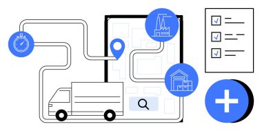 Lojistik konsept. Verimli dağıtım takibi, operasyonel takvim ve tedarik zinciri yönetimi için lojistik araçlar. Lojistik ulaşımın optimize edilmesine ve kaynak planlamasının geliştirilmesine yardımcı olur. İdeal